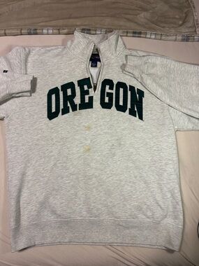 Vintage Jansport Oregon Light Gray Quarter-Zip Sweatshirt Dark Green Lettering